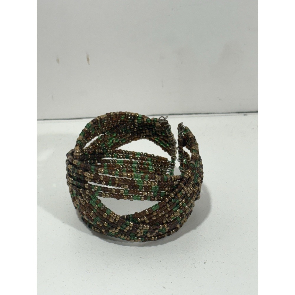 Vintage Boho Brown and Green Seed‎ Beaded Open Weave Bangle  Wire Cuff Bracelet